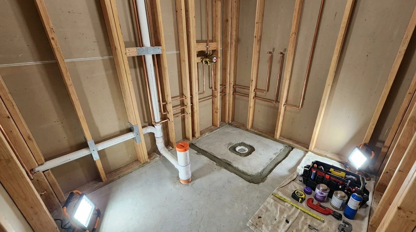 Bathroom rough-in plumbing during remodel by Johns Plumbing LLC in Elm City