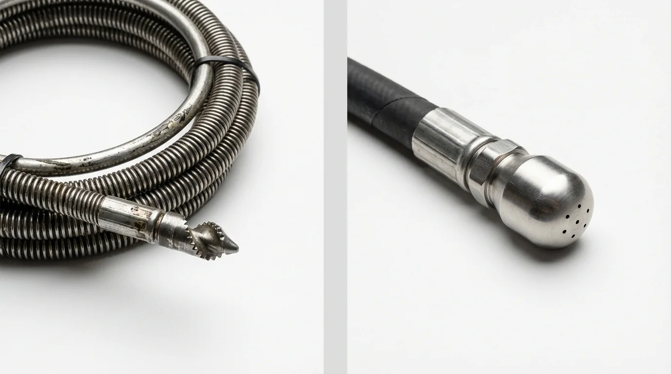Drain snake cable and hydro jetting nozzle used for drain cleaning in Elm City, NC
