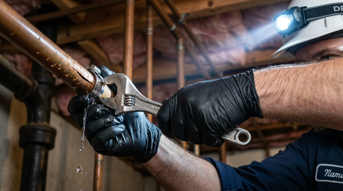 Emergency pipe clamp repair being performed by a Johns Plumbing LLC plumber in Elm City