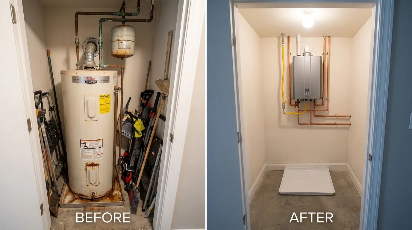 Tank water heater versus wall-mounted tankless unit comparison for Elm City, NC homeowners