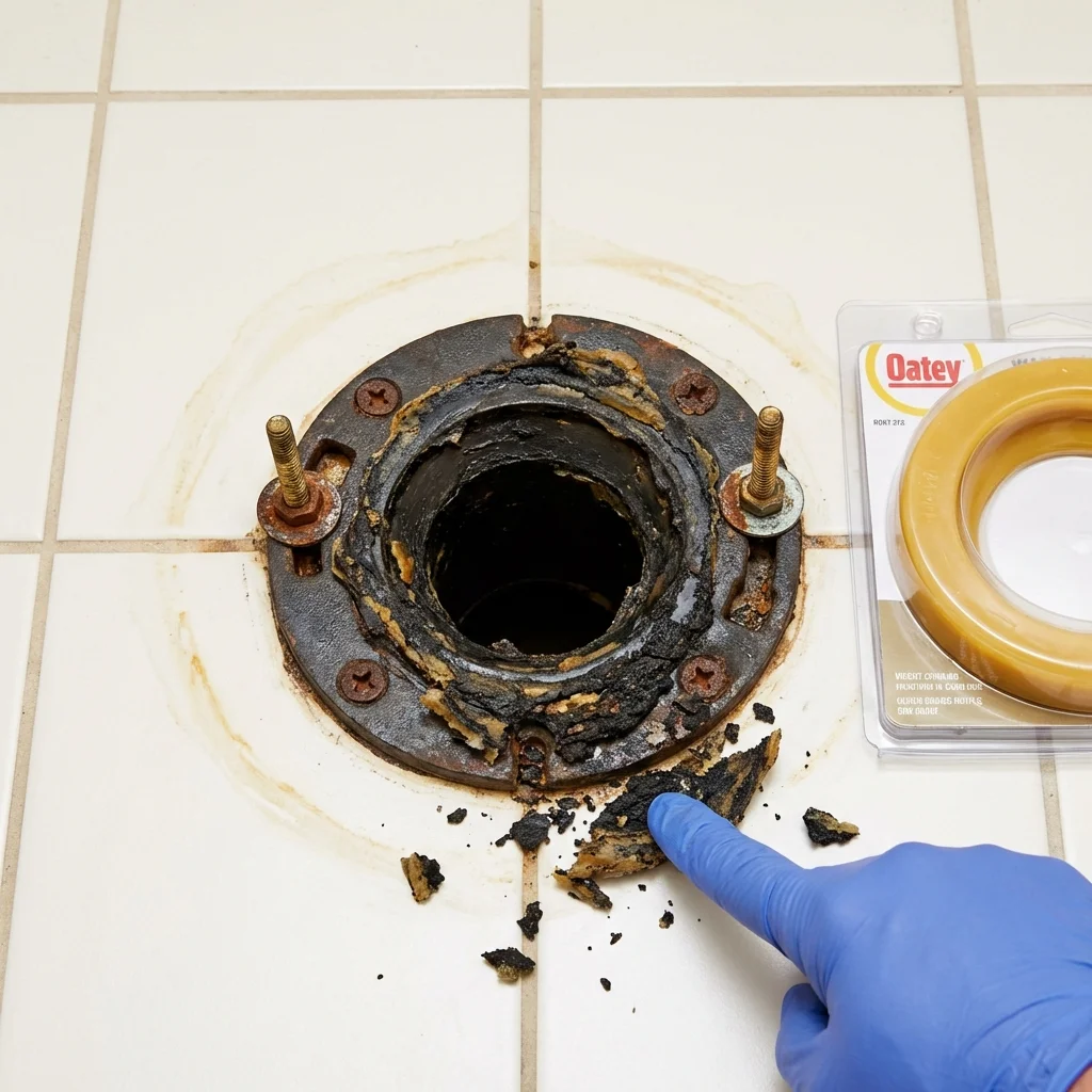 Failed wax ring showing water seepage at the base of a toilet in a Elm City, NC home