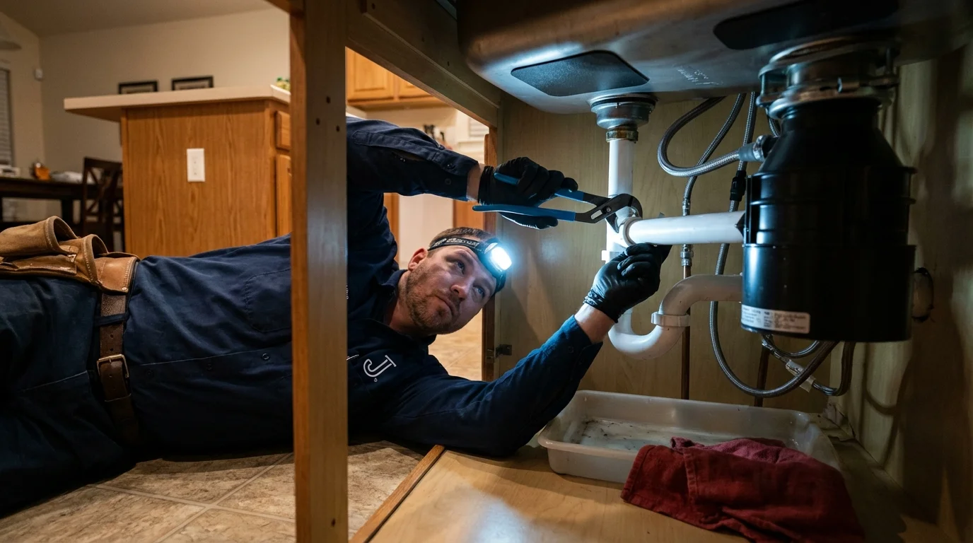 P-trap and supply line connections under a kitchen sink showing a common leak point in Elm City, NC